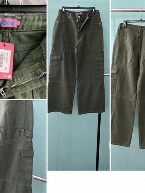 EDIKTED Ember Denim Cargo Pants DK GREEN Size M Y2k Skater Grunge Wide Leg
